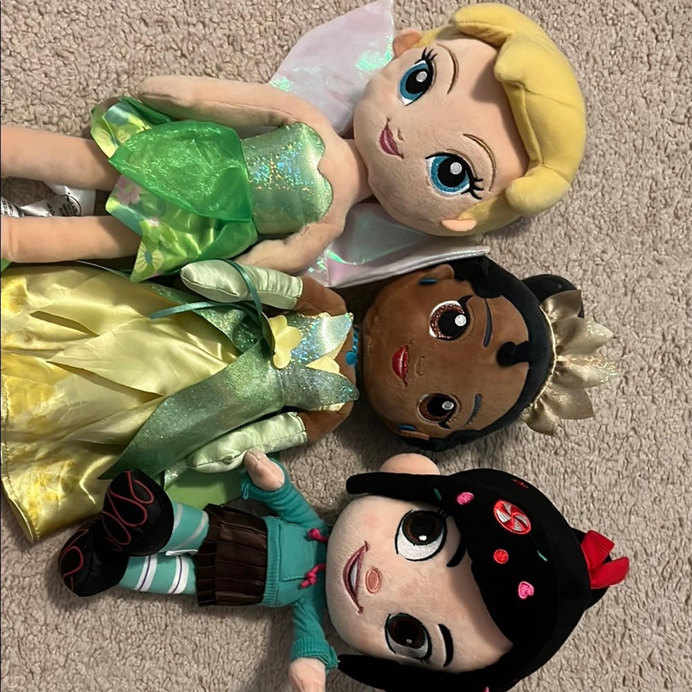 Disney Tinker bell, Tiana, and Venelope plush.